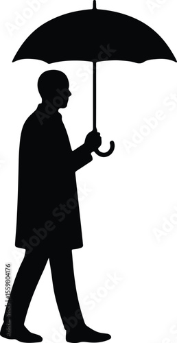 Silhouette man walking with umbrella in rain coat Vector illustration