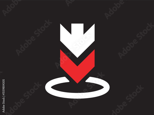 Minimalist Modern Abstract Arrow Down Symbol Icon on Black Background