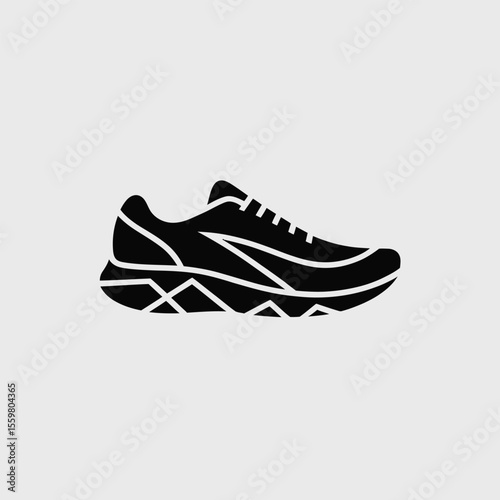 A Minimalist Black Vector Icon of a Modern Running Shoe with Geometric Outsole Detailing Depicted Against a Light Gray Background