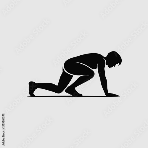 A minimalist black silhouette vector illustration of a male athlete in a low starting position poised for a race or sprint against a light gray background the figure is depicted from the