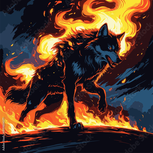 vector image of a wolf on fire with a cloudy background