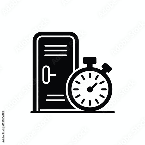 Simple black icon depicting a gym locker with a stopwatch indicating time management or a timed activity within a fitness or sports context the locker features a simple door design with