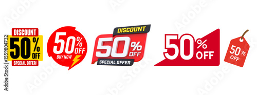 Collection of five red and yellow discount sale labels featuring 50 percent off offers and special promotions isolated on transparent background