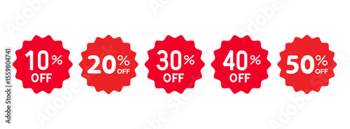 Collection of red starburst sale tags featuring 10 percent 20 percent 30 percent 40 percent and 50 percent off discounts isolated on transparent background