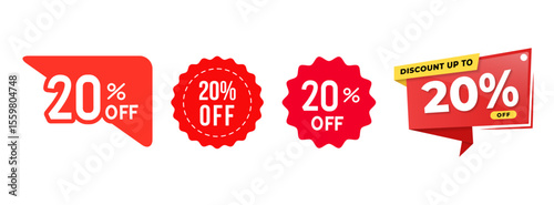 Collection of four red discount tags and labels with twenty percent off pricing isolated on transparent background