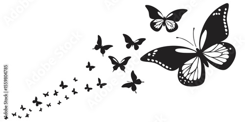 A swarm of black butterflies in silhouette flies across a dark background in a dynamic composition isolated on transparent background