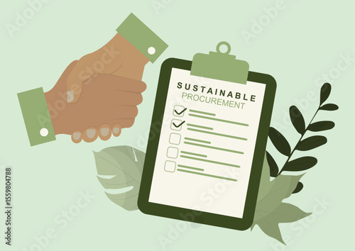 Sustainable procurement checklist with business handshake. Green supply chain management perfect for corporate ESG presentations and environmental compliance training materials. Vector illustration
