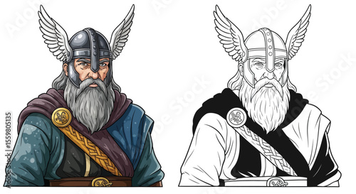 Odin Norse God Coloring Page Allfather Deity in Color and Outline Styles for Mythology