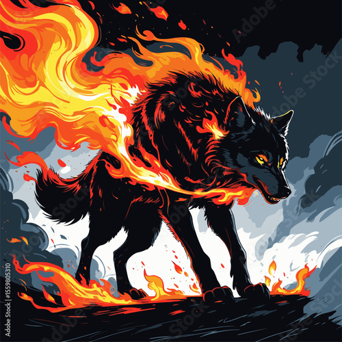 vector image of a wolf on fire with a cloudy background