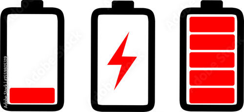 Battery Status Icons Vector: Low, Charged & Full Power Level Indicators - Essential Flat Design for UI/UX, Device Health, Energy & Technology Graphics – Simple & Clear.