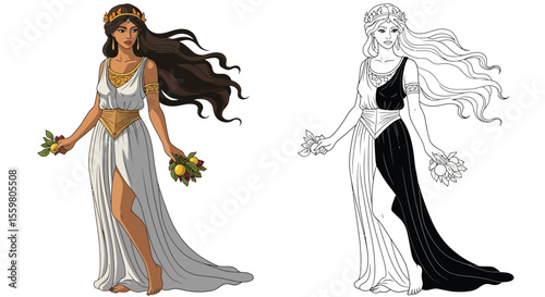 Persephone Queen of the Underworld Coloring Page Mythical Figure in Dual Styles