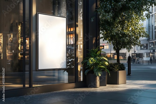 Urban outdoor advertising mockup, showcasing blank billboard on a building facade with trees and plants in a city street for promotion.