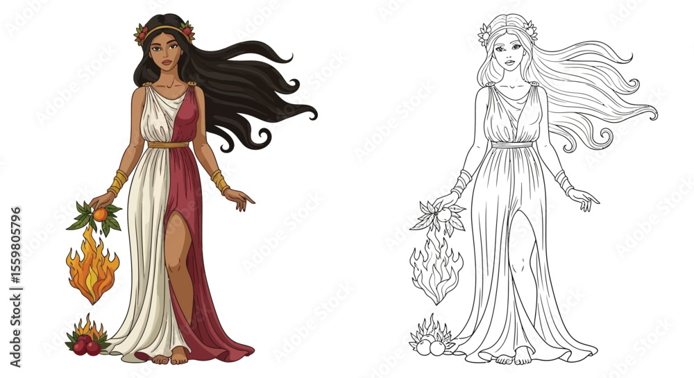 Fototapeta premium Persephone Queen of the Underworld Coloring Page Iconic Deity in Color and Outline Art