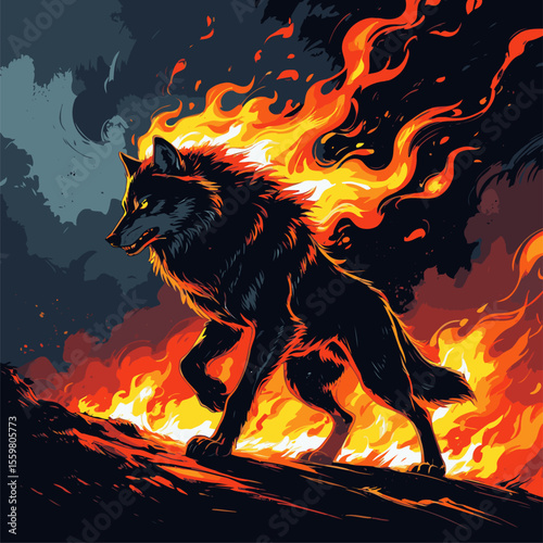 vector image of a wolf on fire with a cloudy background