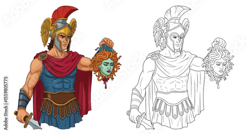 Perseus Greek Hero Coloring Page Iconic Mythological Character in Color and Outline