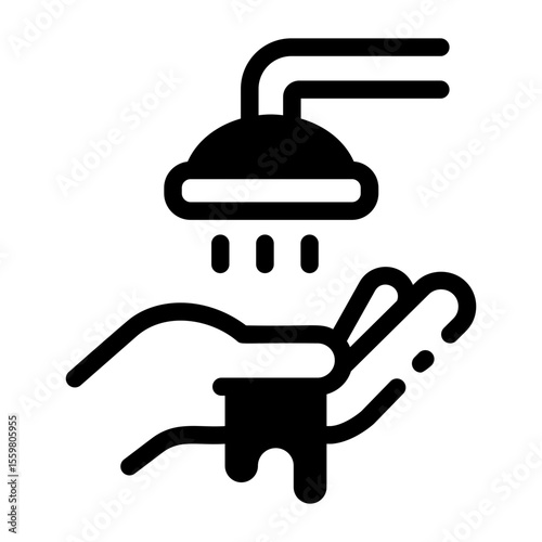 A linear icon showing washing hand under a shower 
