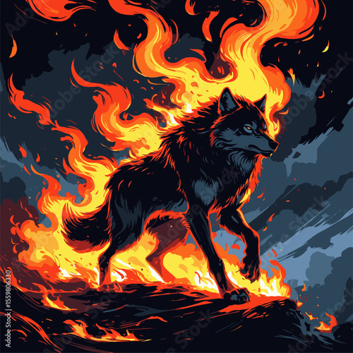 vector image of a wolf on fire with a cloudy background