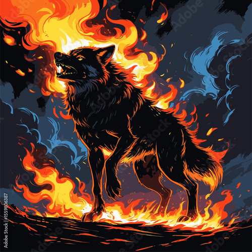 vector image of a wolf on fire with a cloudy background