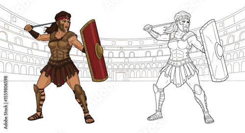Roman Woman Gladiator Coloring Page Ancient Fighter in Colored and Outline Pair