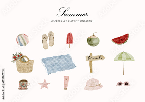 summer picnic vacation element watercolor set