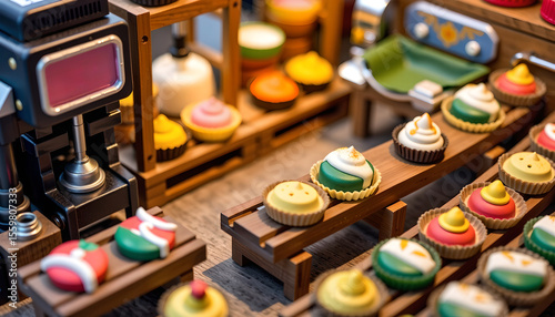 Miniature Baking session with colorful macarons and cupcakes kitchen food photography cozy environment close-up view culinary art