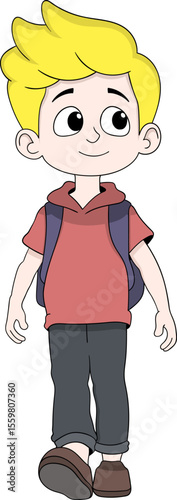 Cartoon Blond Schoolboy Walking with Backpack