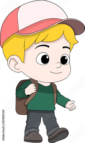 Cartoon Schoolboy with Cap and Backpack Standing
