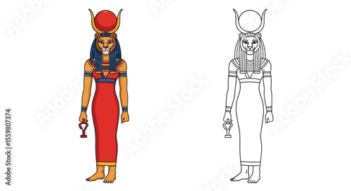 Sekhmet Egyptian Warrior Goddess Coloring Page Powerful Deity Dual Figures Art