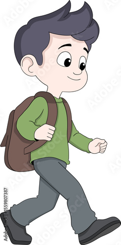 Cartoon Student Boy Walking with Backpack