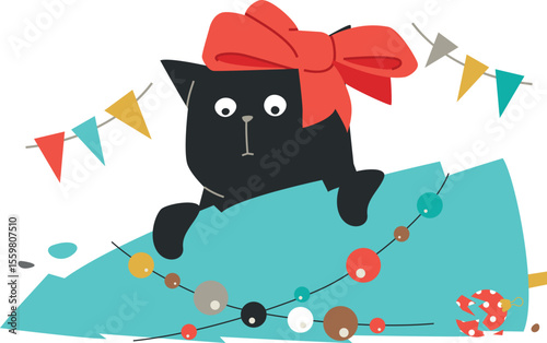 Black Mischievous Cat and Fallen Christmas Tree Vector Illustration