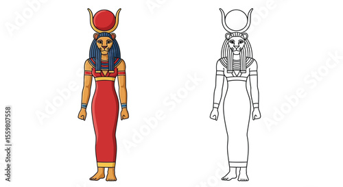 Sekhmet Egyptian Warrior Goddess Coloring Page Iconic Deity in Dual Art Styles