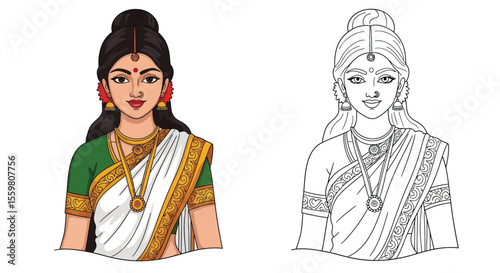 Sita Ancient Indian Heroine Coloring Page Epic Figure in Colored and Outline Versions