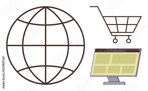 World globe, shopping cart, and web browser window symbolize online shopping, e-commerce, global trade, and digital marketplaces. Ideal for business, technology, globalization retail marketing