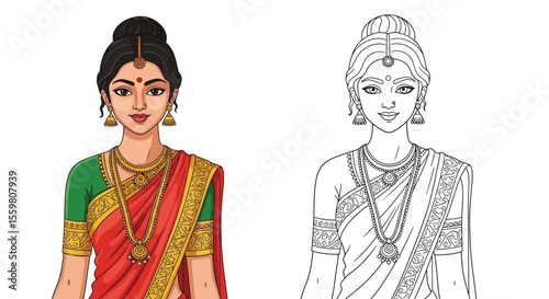 Sita Ancient Indian Heroine Coloring Page Iconic Figure in Color and Outline Art Styles