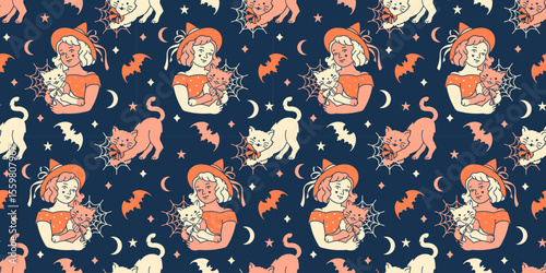 Mystic and fun Halloween seamless pattern with dark tones, witches, cats, and spooky vibes, ideal for retro fest backgrounds