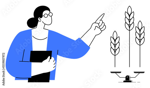 Scientist with clipboard pointing at crops and scale, representing data analysis, yield optimization, food sustainability. Ideal for farming, research, technology, education, environment