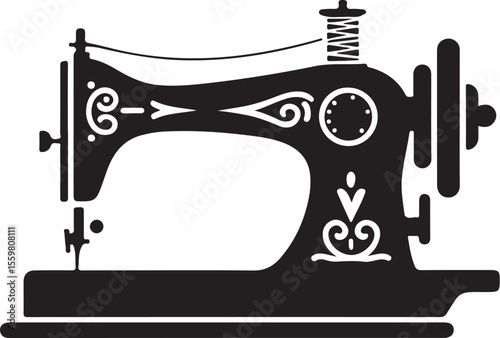 Vintage sewing machine silhouette with ornate details isolated on white background