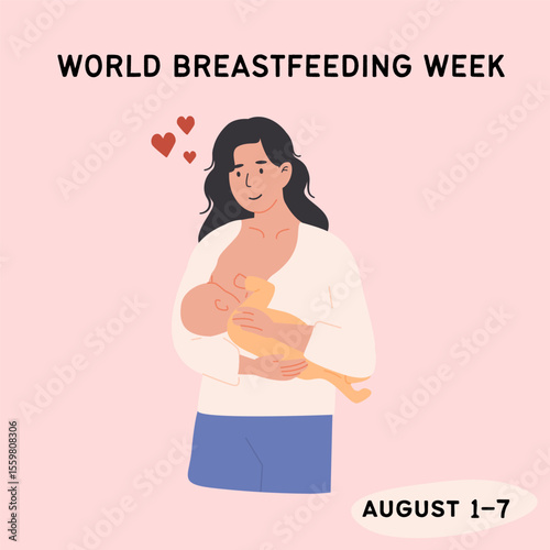World Breastfeeding Week social media post. Mother nursing the baby. Square banner for lactation awareness and maternal health support. Flat Style Vector Illustration.