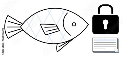 Fish with abstract pattern, secure padlock, and document, emphasizing internet safety, phishing prevention, cybersecurity, secure data handling, privacy, digital trust simple flat metaphor