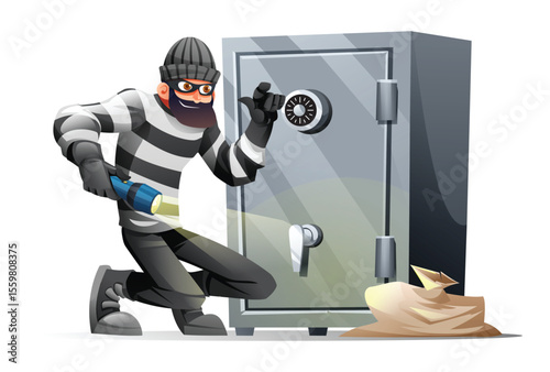 Thief in mask and striped clothes trying to open a safe with a flashlight. Vector cartoon illustration