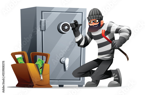 Thief in mask and striped clothes trying to open a safe with a crowbar. Vector cartoon illustration