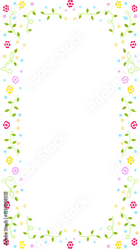 A whimsical floral border design featuring hand drawn vines leaves and colorful polka dot flowers on a clean white background