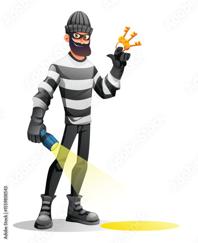 Thief in mask and striped clothes holding a flashlight and keys, concept of crime and breaking the law. Vector cartoon character illustration