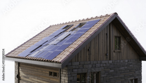 modern house with sloped roof is equipped with solar panels, showcasing sustainable energy solutions. structure features combination of stone and wood materials, blending rustic and contemporary