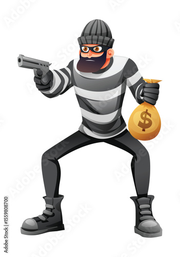 Robber in mask and striped clothes holding a gun and a money bag. Vector cartoon character illustration