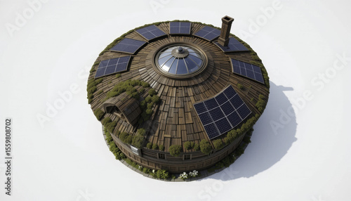 round, eco friendly house with wooden exterior features solar panels on roof and greenery integrated into design, showcasing sustainable architecture