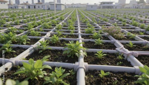 rooftop garden with grid of irrigation pipes supports rows of young green plants, showcasing urban agriculture and sustainable farming practices