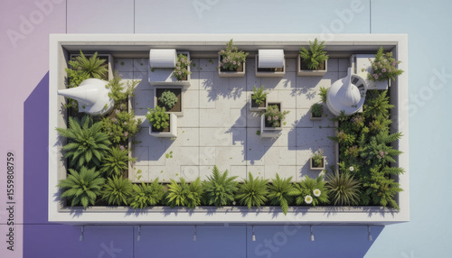 Aerial view of modern rooftop garden with lush greenery, potted plants, and geometric planters. space is designed with mix of ferns and flowering plants, creating serene urban oasis