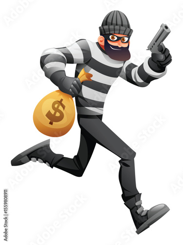 Robber in mask and striped clothes running with a gun and a bag of money. Vector cartoon character illustration