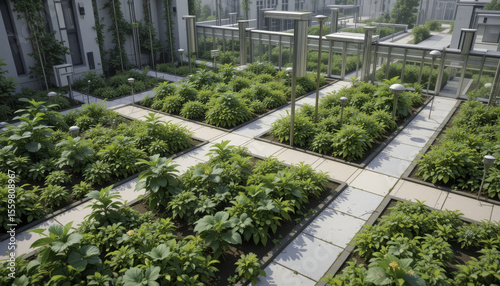 lush rooftop garden with neatly arranged plants and modern pathways creates serene urban oasis. greenery contrasts with sleek architecture, offering peaceful retreat